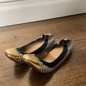 J Crew flats with scrunchie hem - blue and white stripes with gold toe